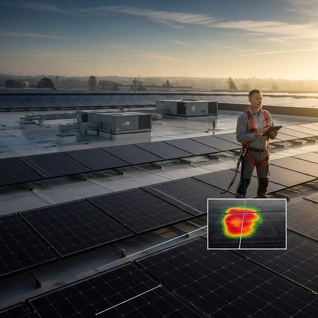 Solar service expert inspecting rooftop solar panels for damage, wiring issues, and performance problems before 2026 heat and storms