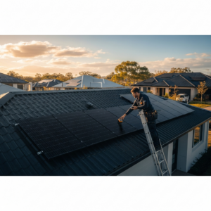 Home inspector on a suburban roof examining solar array wiring and seals, illustrating residential solar panels pros and cons in 2026