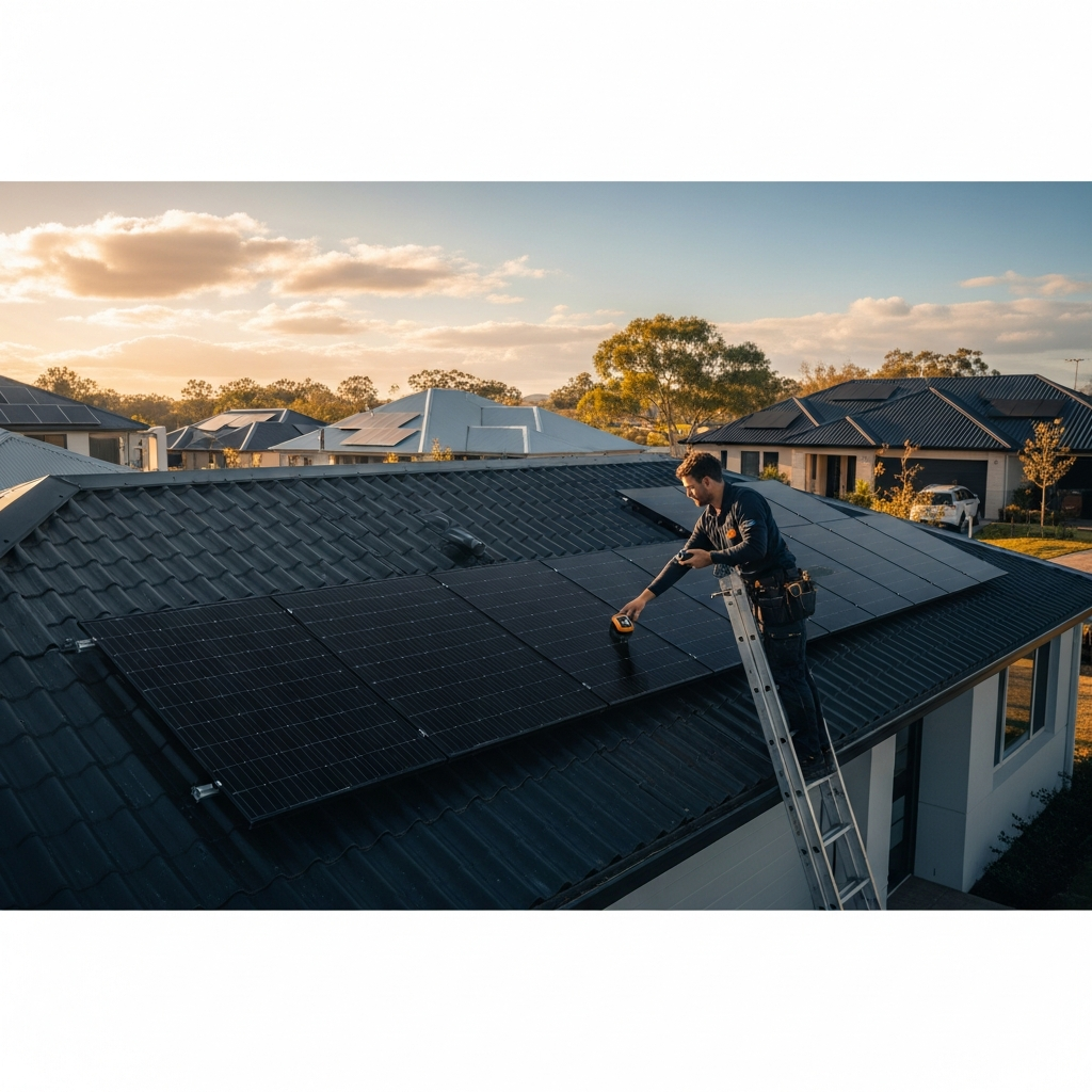 Home inspector on a suburban roof examining solar array wiring and seals, illustrating residential solar panels pros and cons in 2026