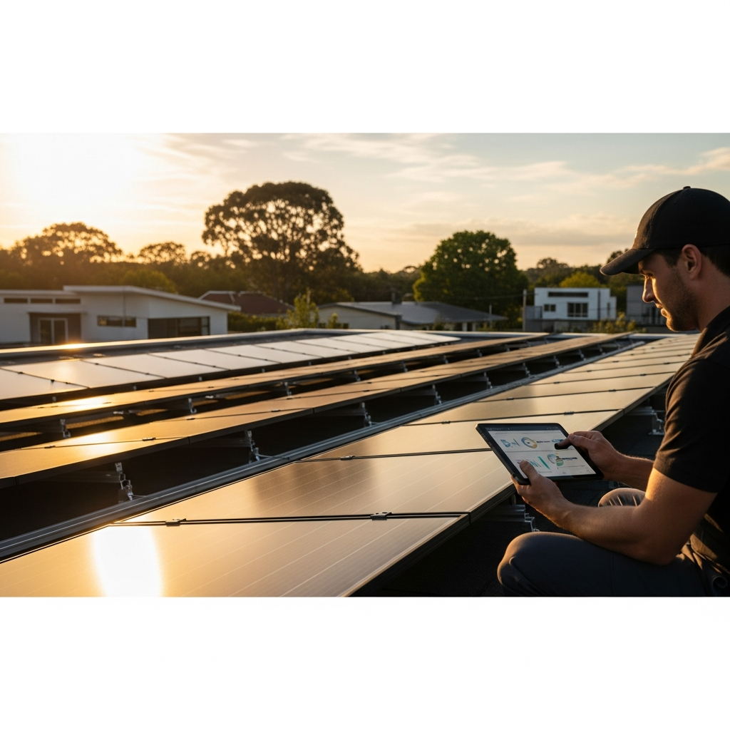 Technician inspects rooftop solar panels in summer heat, highlighting solar tax credit expiration 2025 and protecting system output