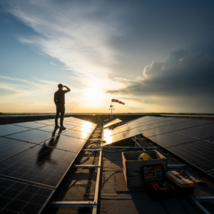 Homeowner studies solar lease vs ppa vs purchase options on tablet, with rooftop solar panels under bright summer sky
