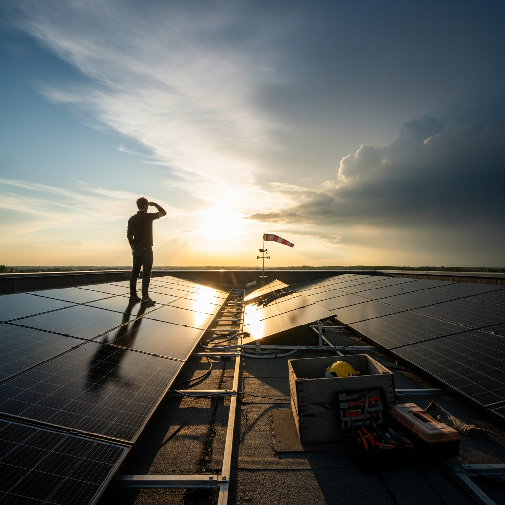 Homeowner studies solar lease vs ppa vs purchase options on tablet, with rooftop solar panels under bright summer sky