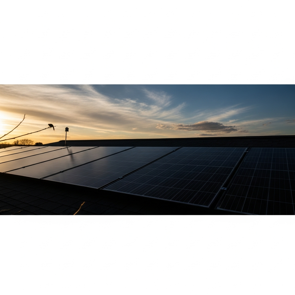 Smartphone showing solar monitoring dashboard with graphs and alerts, over a rooftop covered in residential solar panels