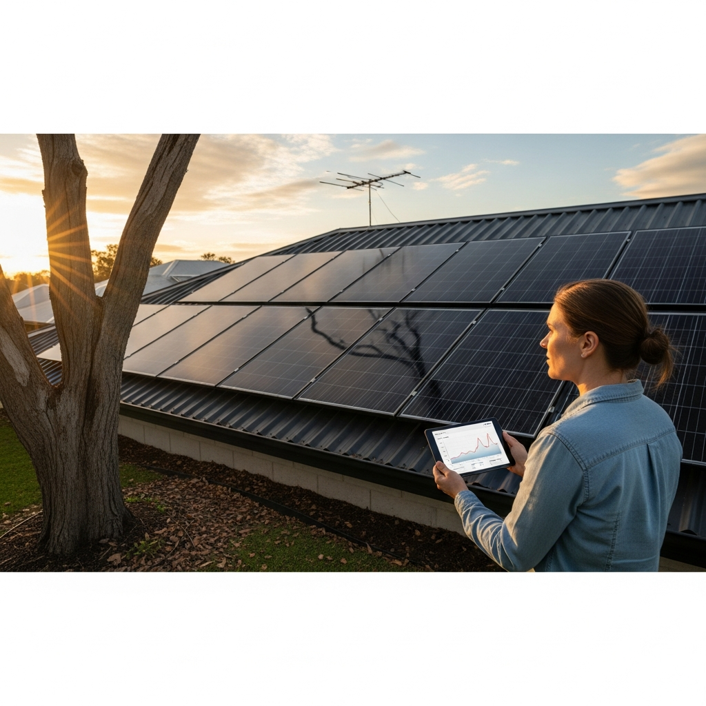 Homeowner checking solar monitoring systems app against rooftop solar panels under clear sky, focusing on tracking 2026 energy production
