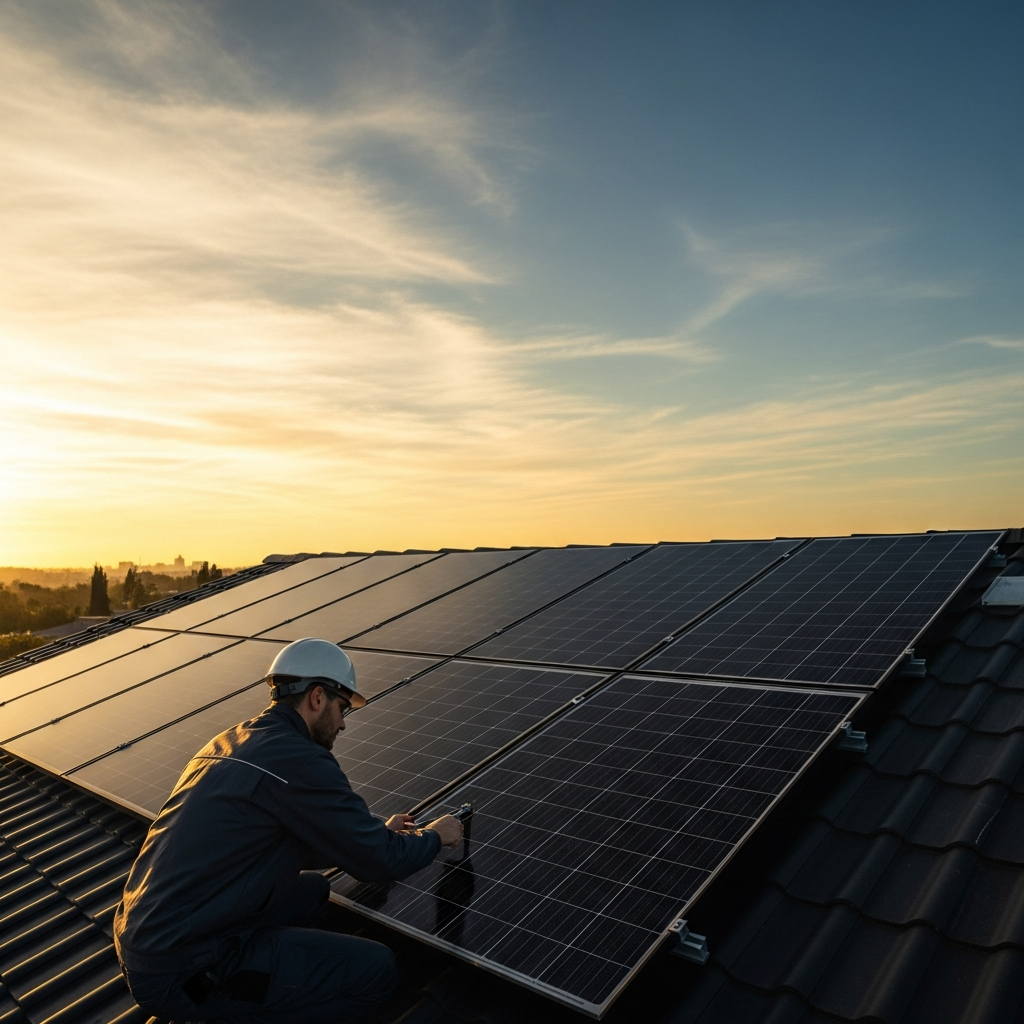Technician inspecting rooftop solar panels after storms, focusing on roof safety, performance, and proactive solar system service