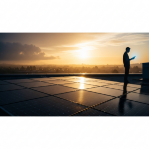 Homeowner reviewing solar energy monitor app on smartphone, comparing live panel production graph to household energy use chart