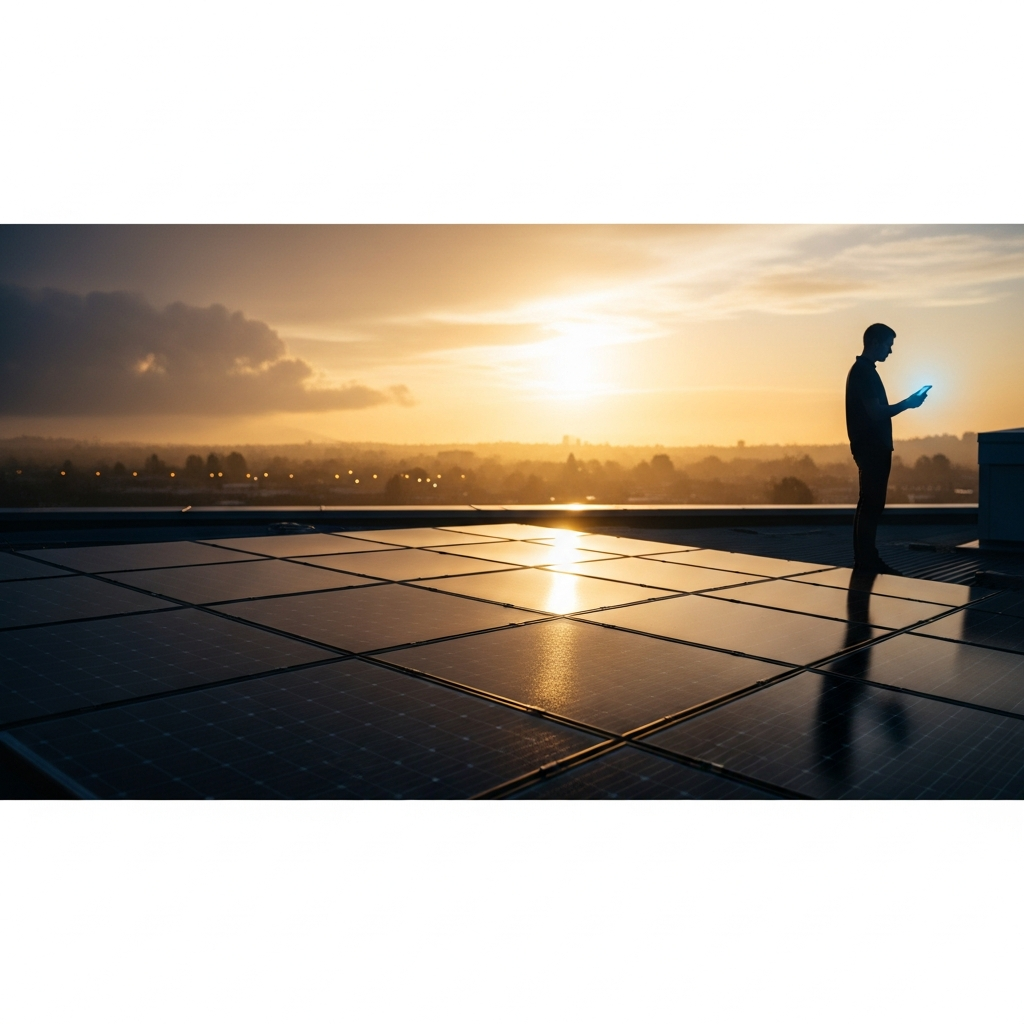 Homeowner reviewing solar energy monitor app on smartphone, comparing live panel production graph to household energy use chart