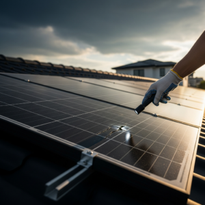 Technician inspecting rooftop solar array for solar panel system repairs and maintenance after heat and storm damage