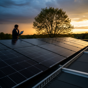 Homeowner reviews rooftop solar panels with technician, focusing on maintenance, monitoring, and solar tax credit expiration 2025