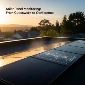 Technician checking rooftop solar panels monitoring systems on a tablet, reviewing system performance graphs against the sky