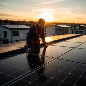 Technician on a roof carefully caring for solar panels, cleaning a large home array to protect energy production and value