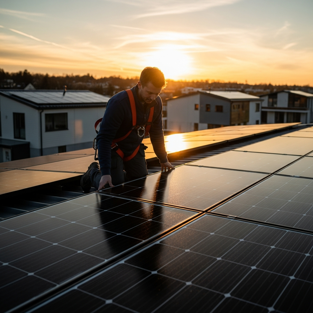 Technician on a roof carefully caring for solar panels, cleaning a large home array to protect energy production and value