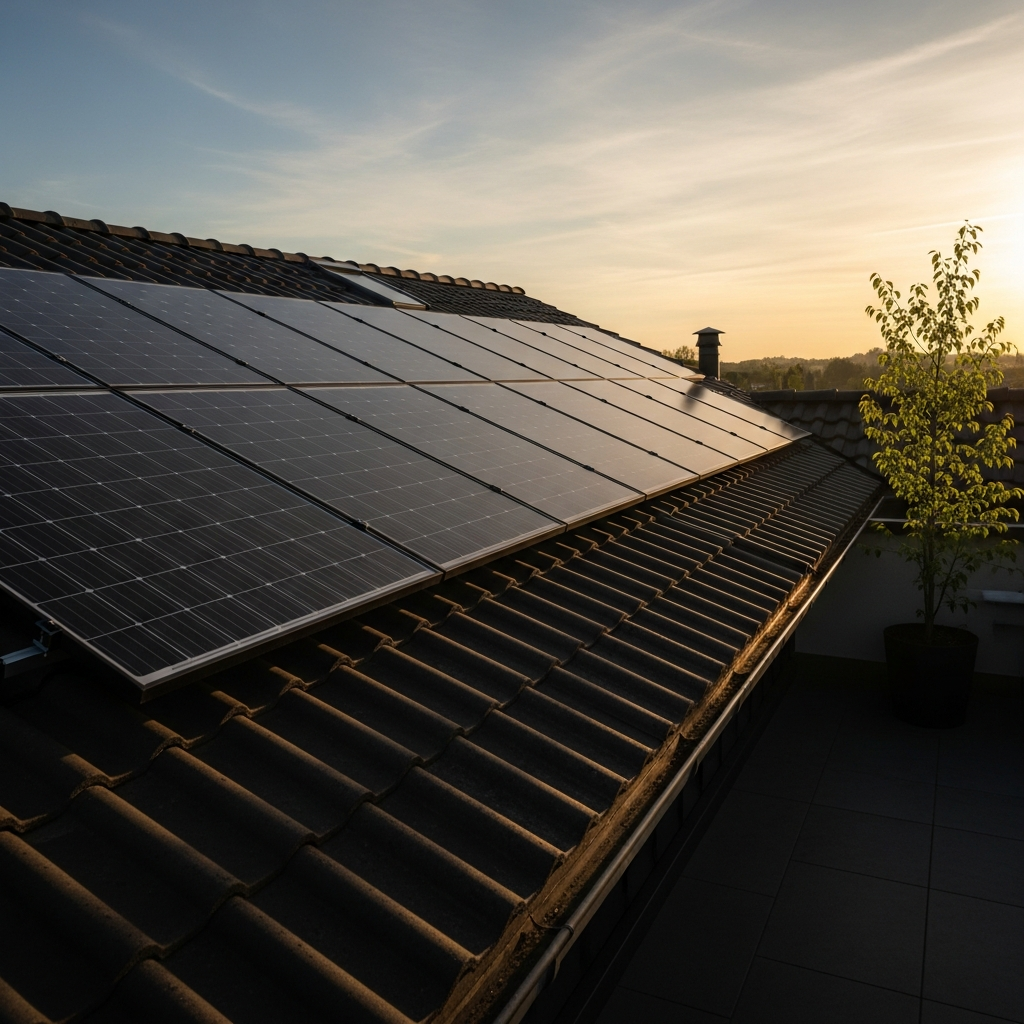 Technician inspects rooftop solar panels on a suburban home, checking heat damage and maintenance for long solar power lifespan