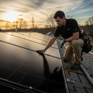 Technician on a NJ home roof inspecting solar panels for solar panel repair after weather damage and production loss