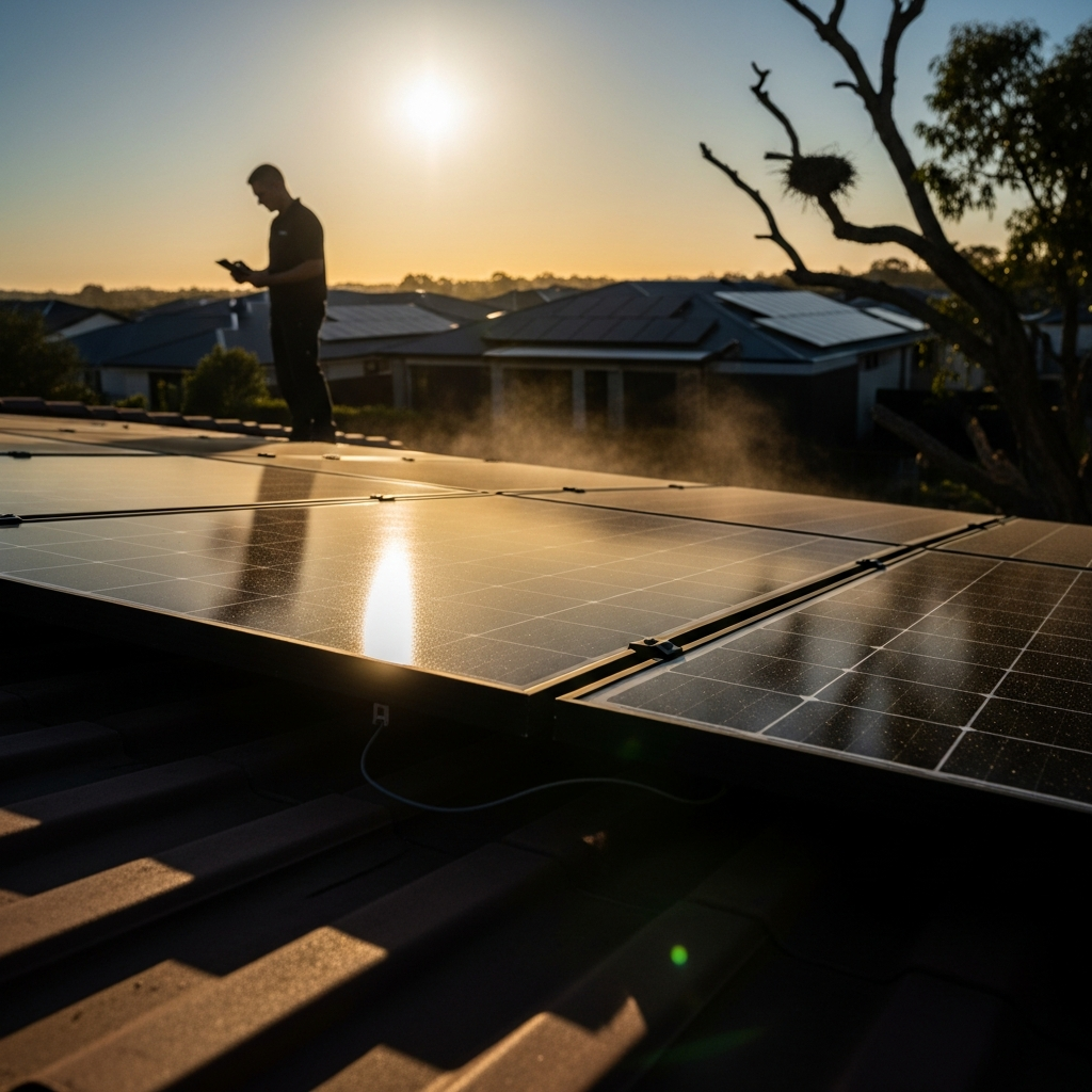 Technician inspecting rooftop solar panels under bright sun, checking wiring and inverter as part of annual solar maintenance services