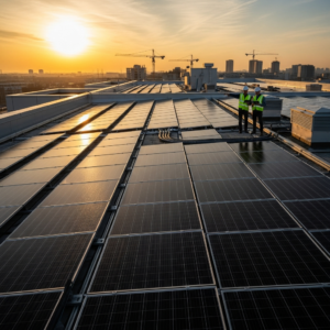 Technician inspecting rooftop array during solar panel commercial installation on a warehouse, checking wiring and performance