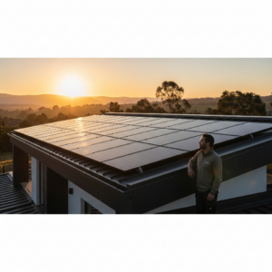 Homeowner reviews rooftop solar panels under a bright sky, considering solar incentives 2025, net metering, and system upkeep