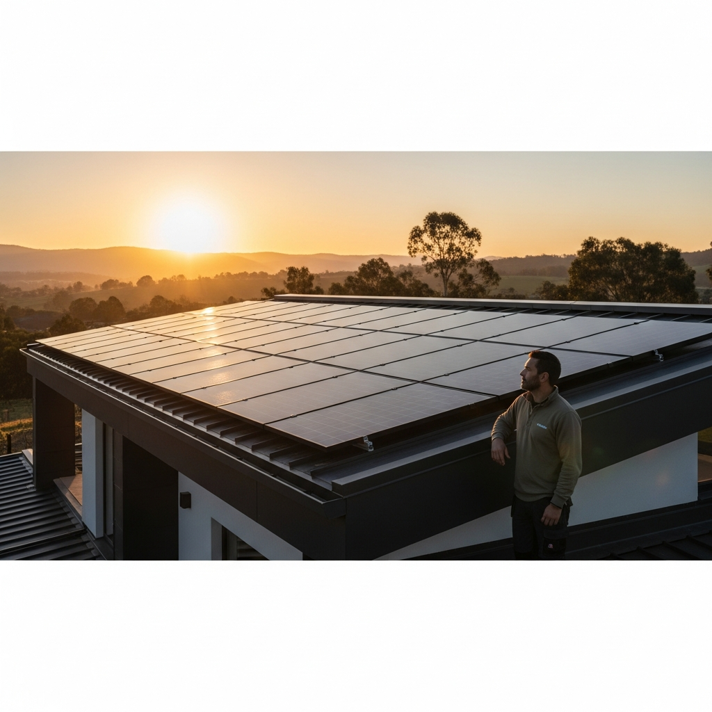 Homeowner reviews rooftop solar panels under a bright sky, considering solar incentives 2025, net metering, and system upkeep
