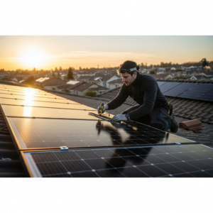 Solar panel repair technician inspecting rooftop solar array with test tools, checking wiring and inverter for residential maintenance