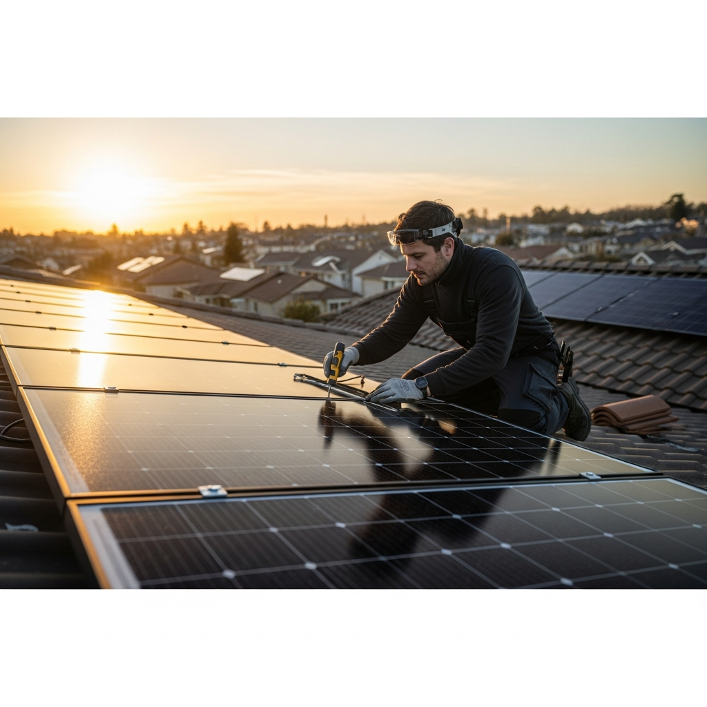 Solar panel repair technician inspecting rooftop solar array with test tools, checking wiring and inverter for residential maintenance