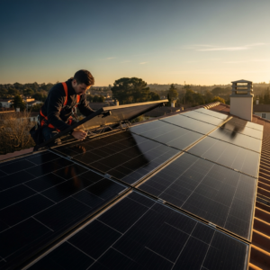 Technician from a solar maintenance company inspecting rooftop solar panels in summer heat to prevent 2026 performance failures