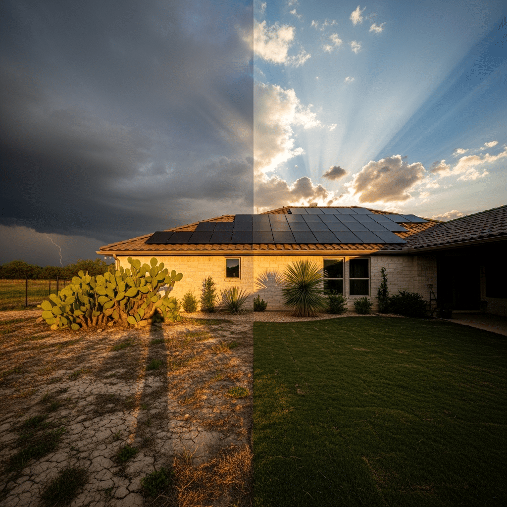 Rooftop residential solar in Texas under harsh sun and clouds, highlighting system quality, maintenance, and storm resilience in 2026