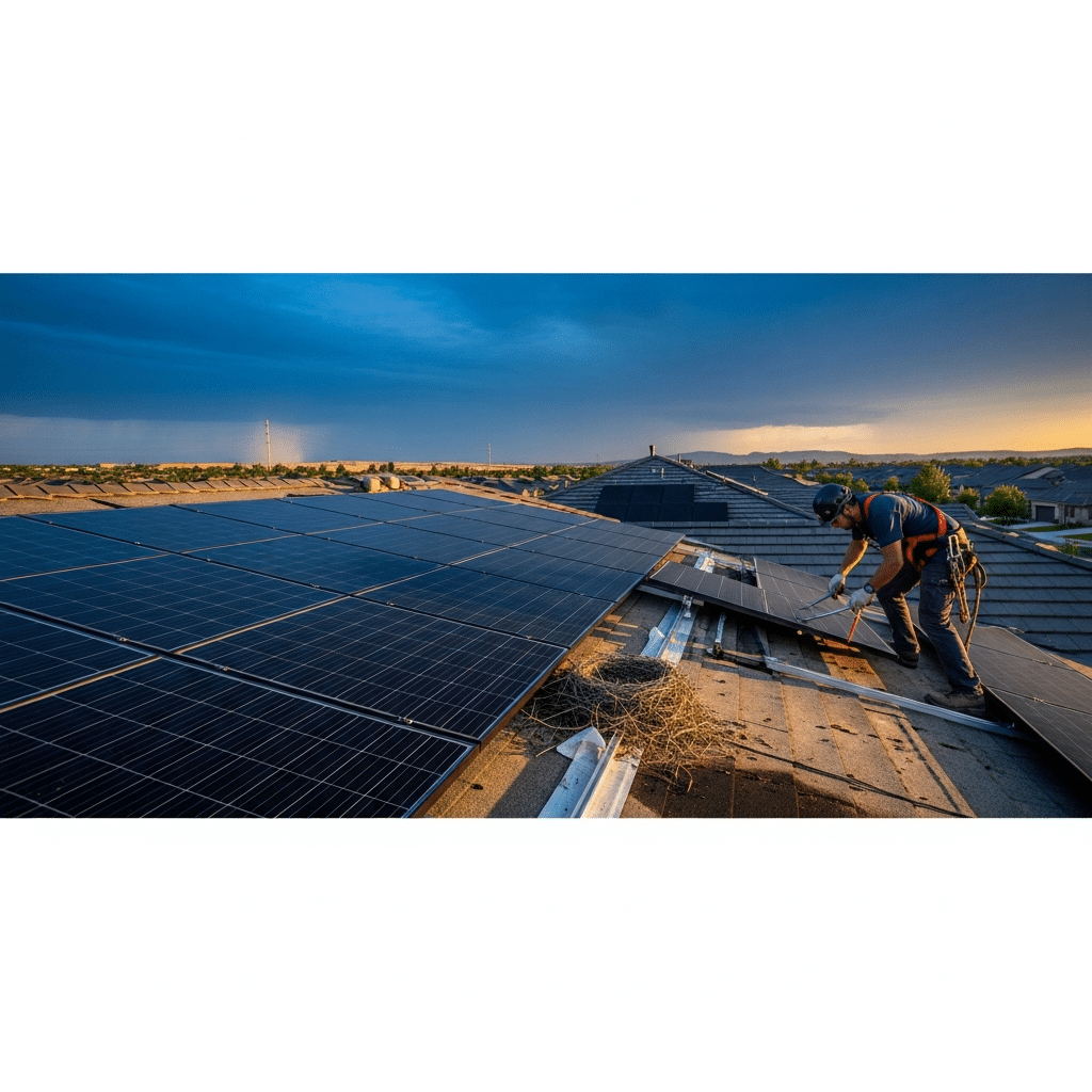 Technician on a rooftop carefully handling panels during solar panel removal and reinstallation for roof repair in 2026