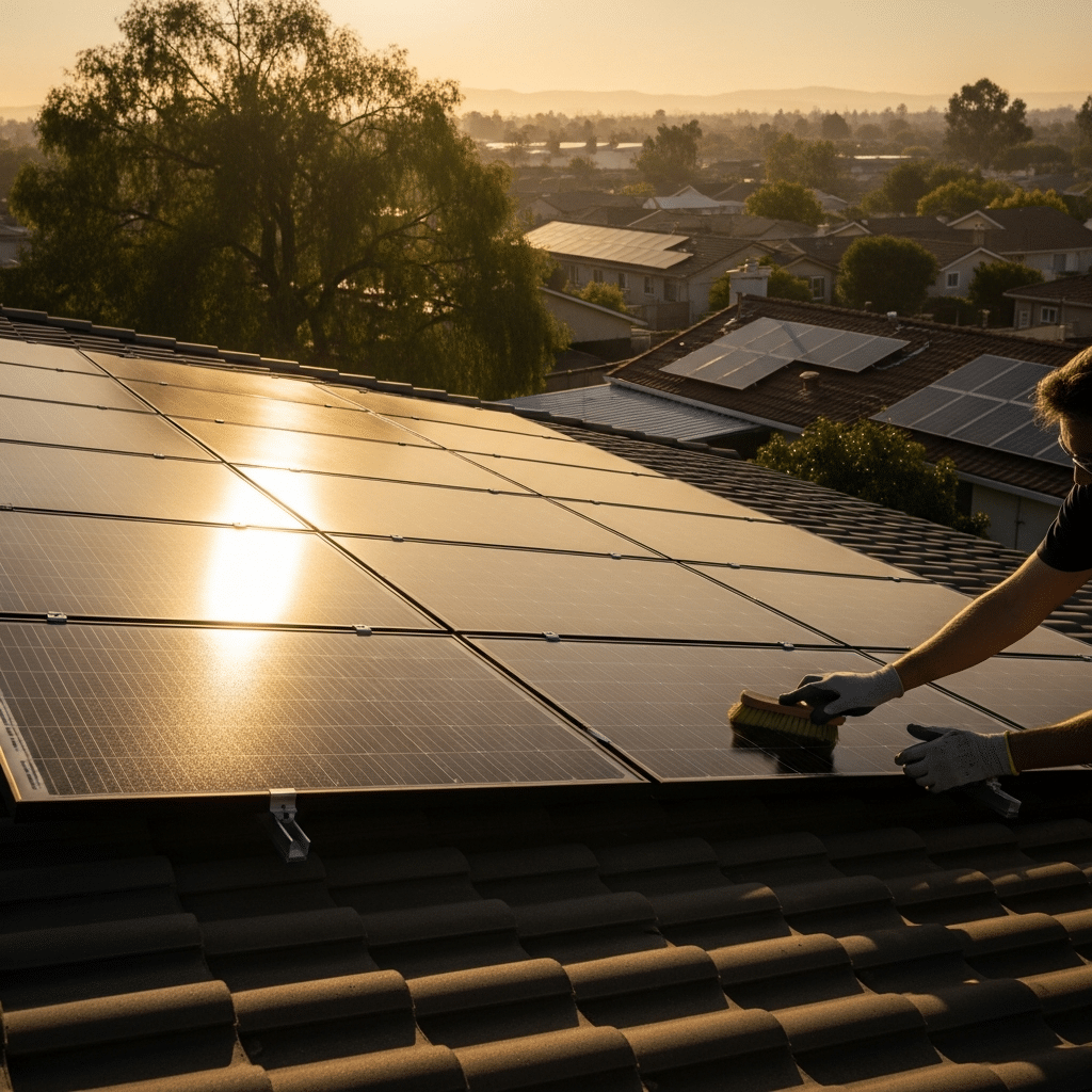 Home rooftop solar panels under bright sun with heat haze, illustrating rising solar capacity growth and the need for maintenance.