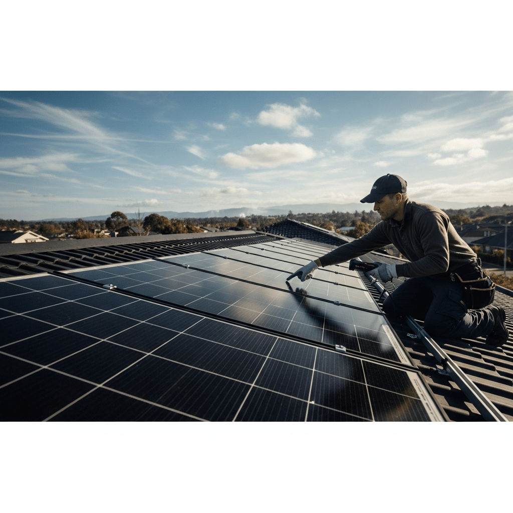Technician on a suburban roof inspecting residential solar panels repair work after a storm, checking wiring and mounting safety