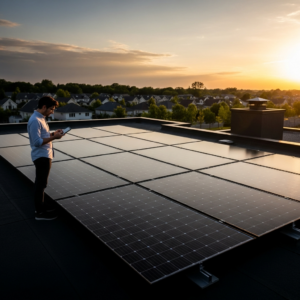 Homeowner checking SolarEdge monitoring app charts for solar performance monitoring after storms, ensuring panels produce normally