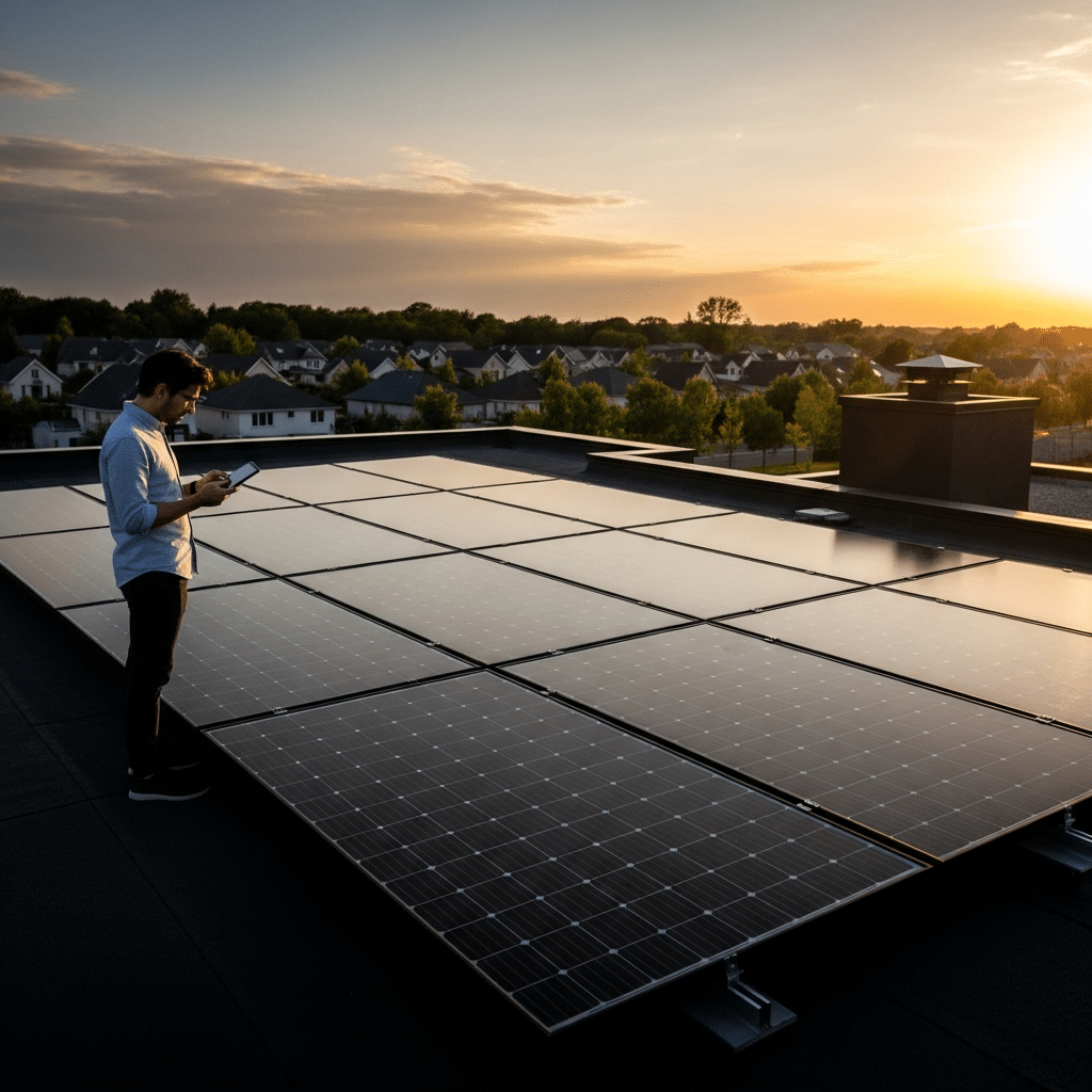 Homeowner checking SolarEdge monitoring app charts for solar performance monitoring after storms, ensuring panels produce normally