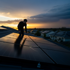 Technician from a solar panel repair company inspecting rooftop solar array for damage and performance issues under bright daylight