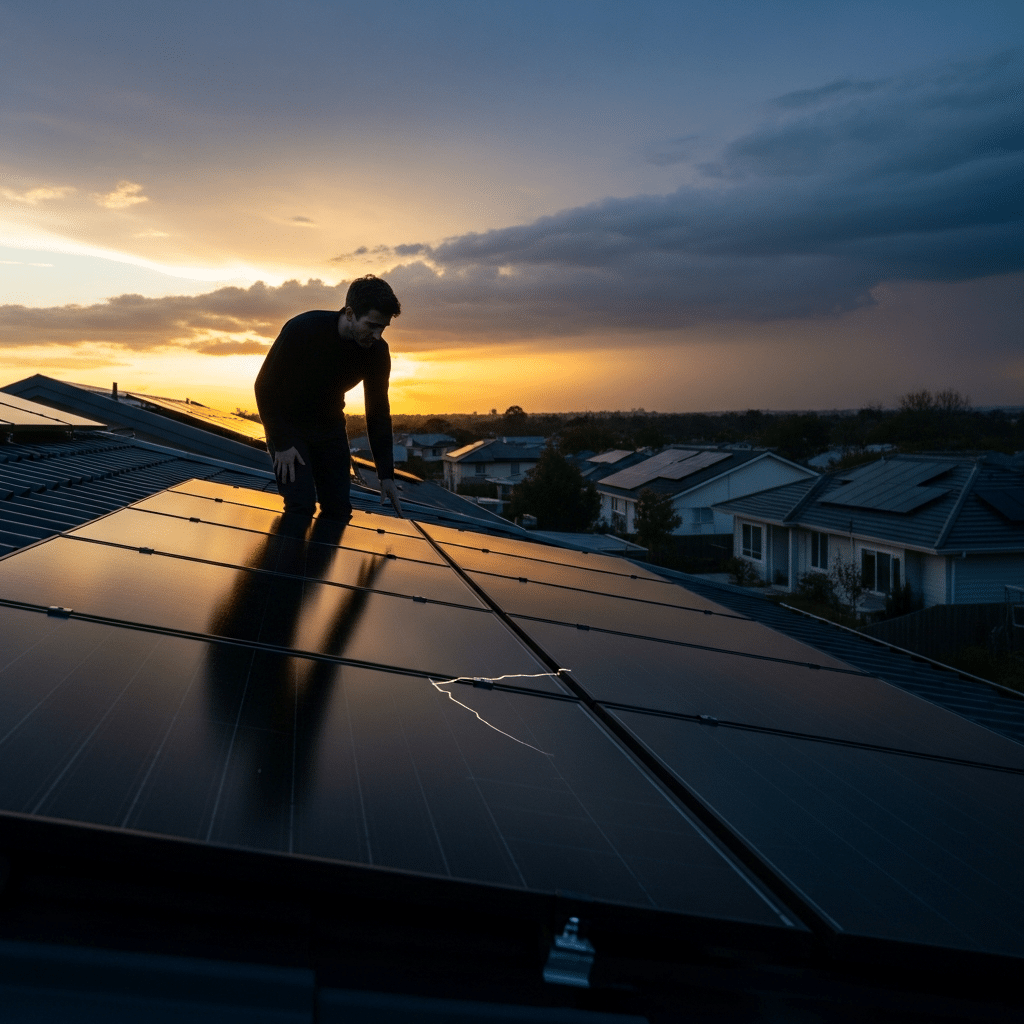 Technician from a solar panel repair company inspecting rooftop solar array for damage and performance issues under bright daylight