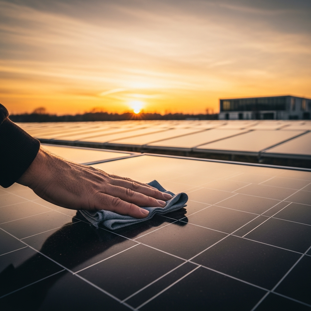 Technician reviewing monitoring solar system dashboard on tablet beside rooftop panels, checking summer output alerts