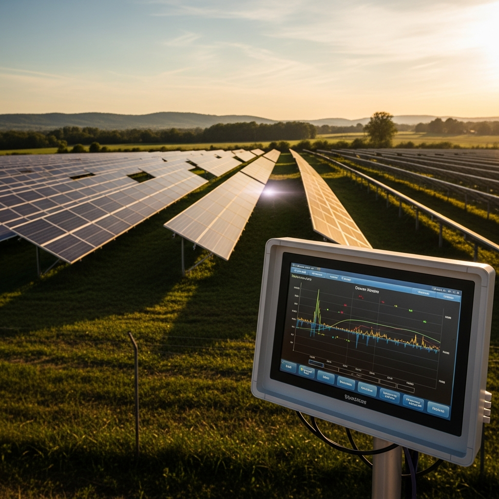 Homeowner checking solar monitor system dashboard showing panel output, inverter alerts, and daily energy trends