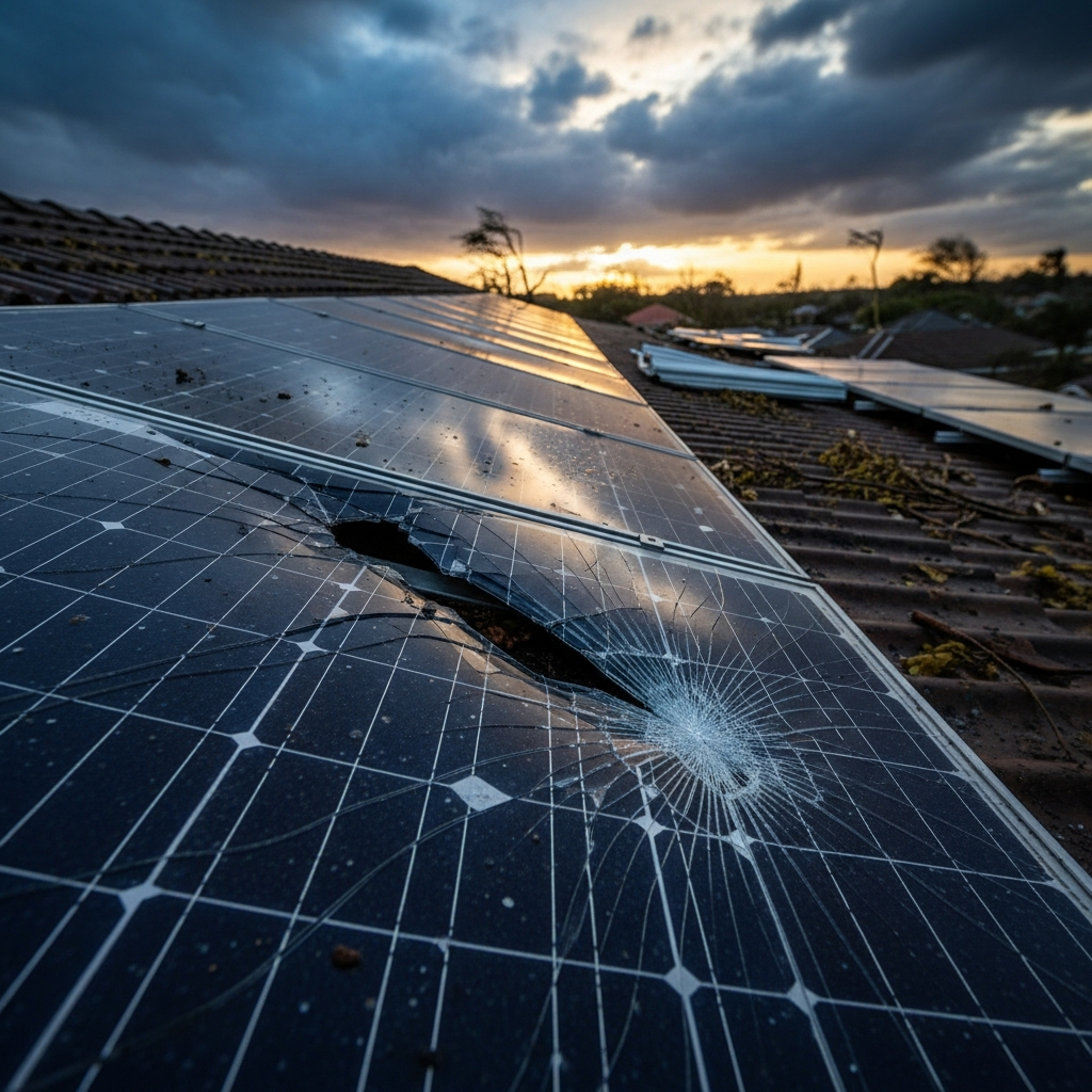 Technician inspects storm-damaged rooftop solar array during solar repair service, checking panels and inverter alerts