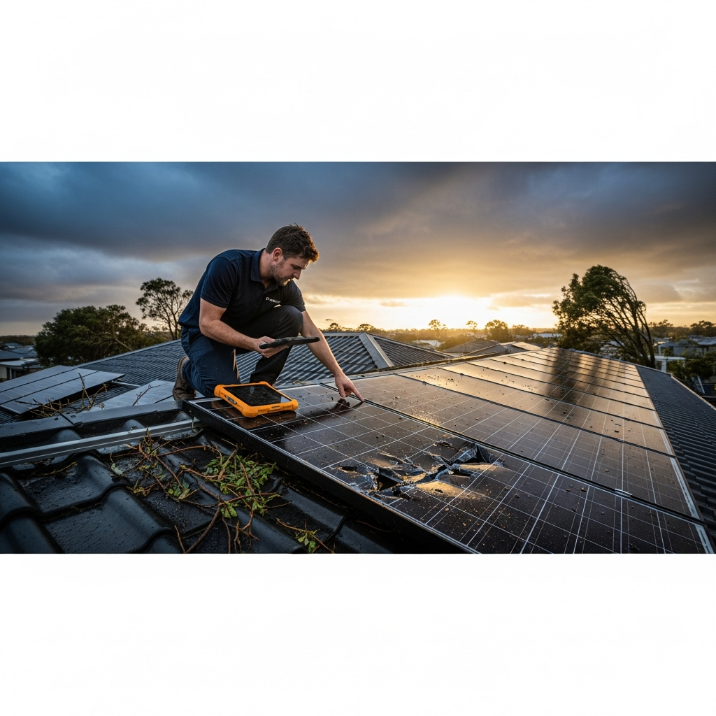 Technician inspecting hail-damaged rooftop panels for solar pv repairs after a storm, checking cracks and low output