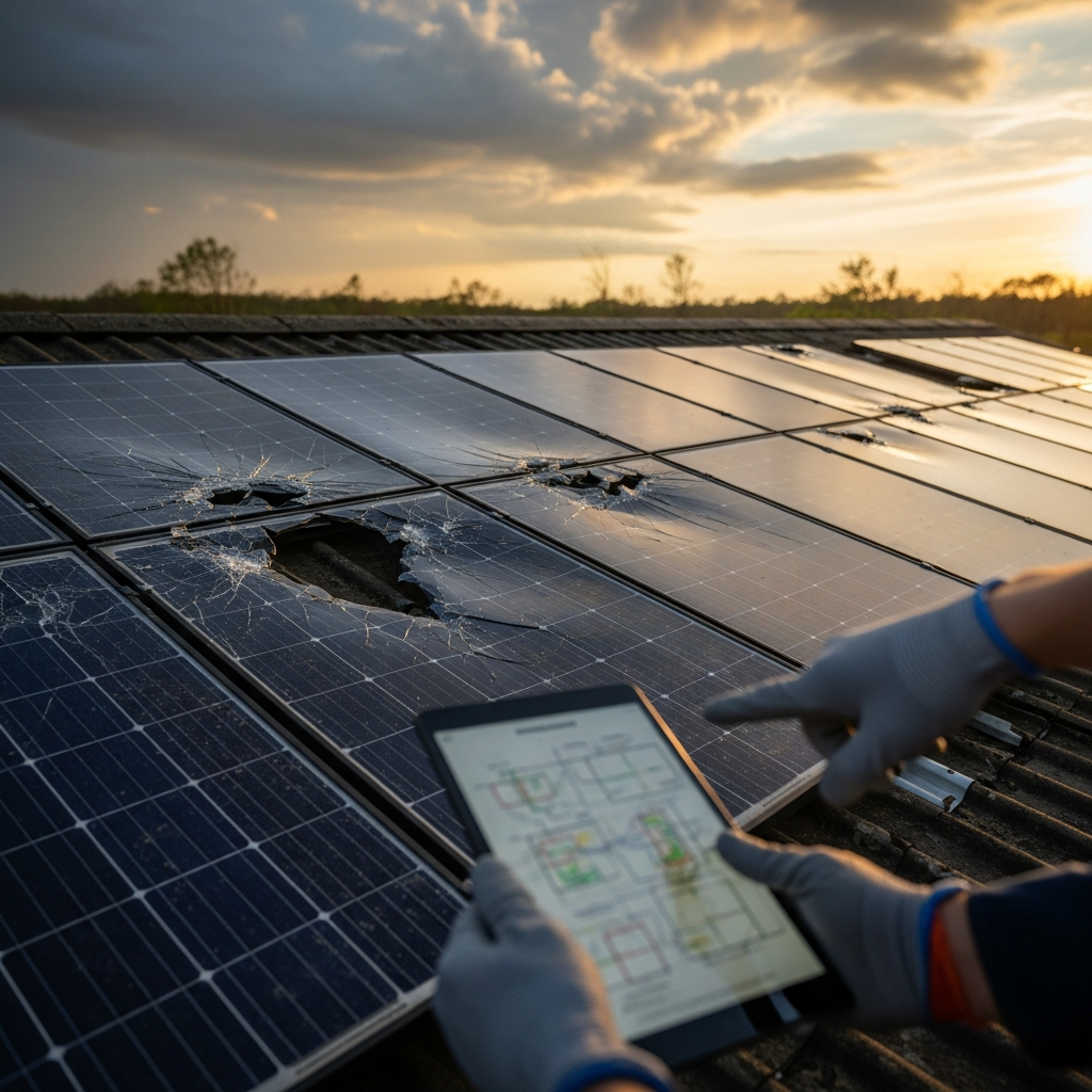 Hail-damaged rooftop solar panels awaiting inspection to repair solar panels and restore safe energy output
