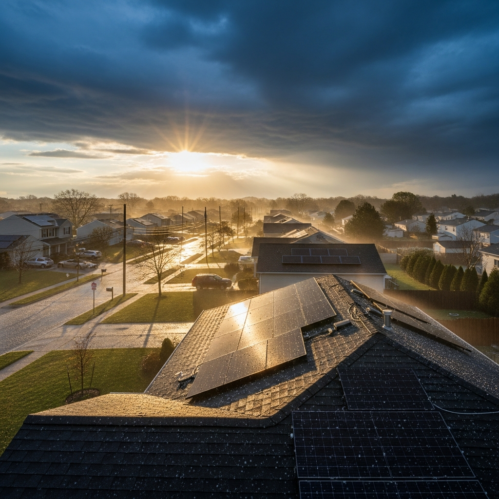 Solar panel doctors inspecting hail-damaged rooftop array while monitoring data reveals one underperforming section