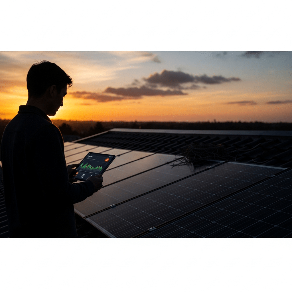 Technician on a suburban roof monitoring solar panels with a tablet, checking real-time performance and faults