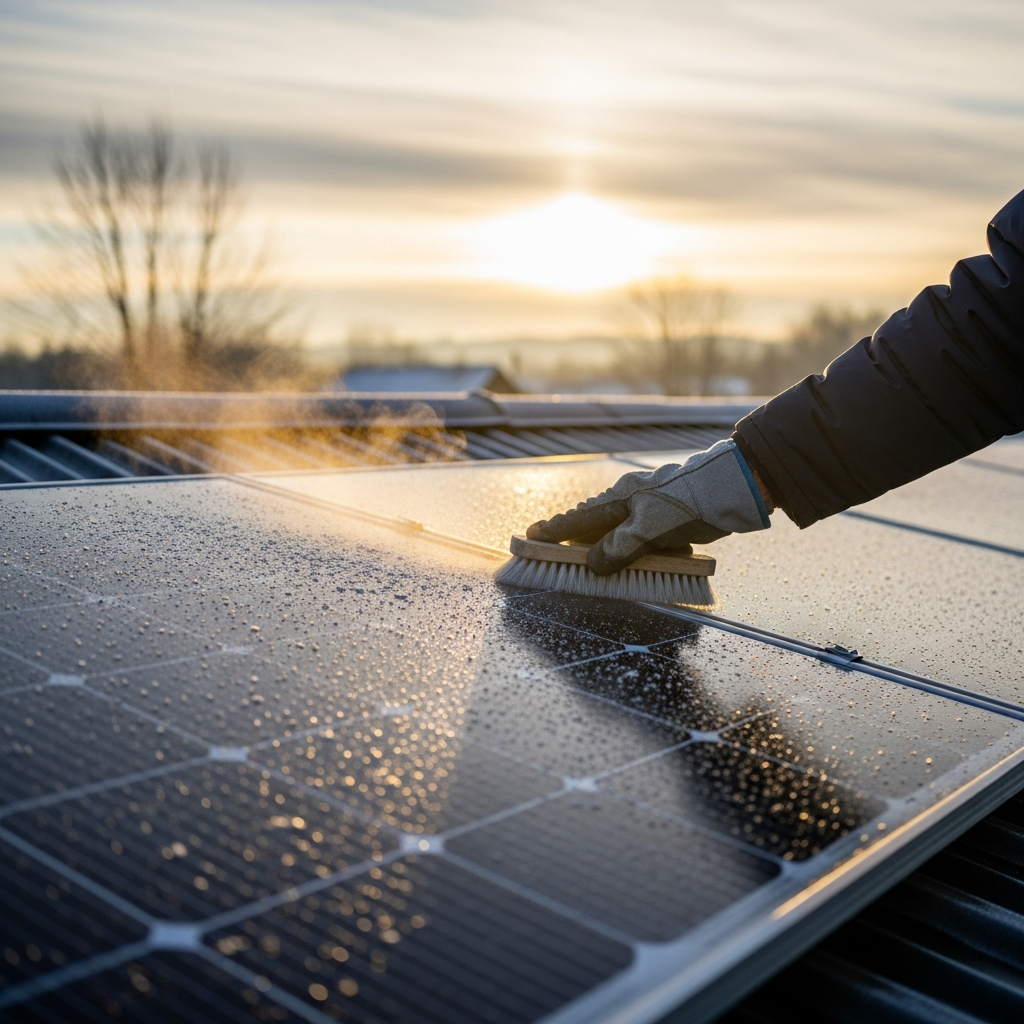 Solar panel maintenance company inspecting winter grime on rooftop panels after a storm to restore energy output