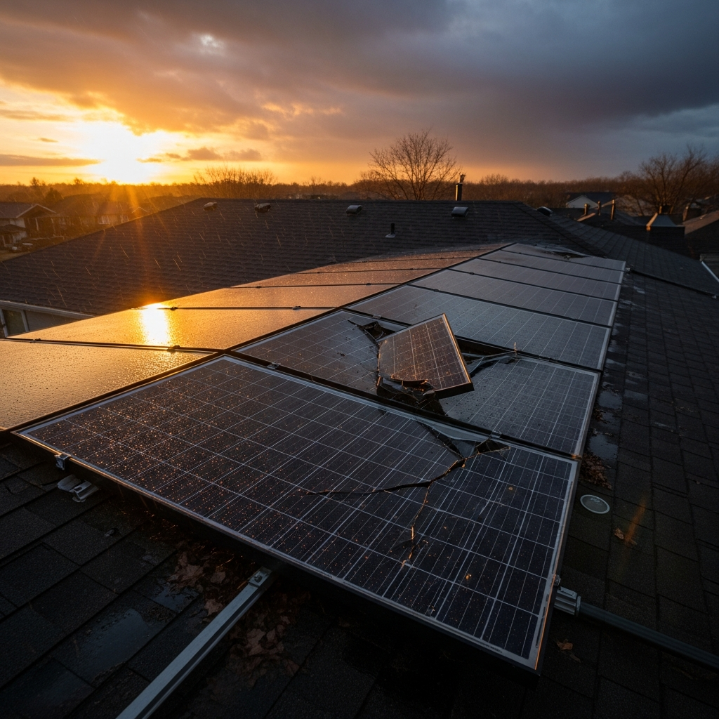 Technician inspecting storm-damaged rooftop wiring for solar panel system repairs on a New Jersey home