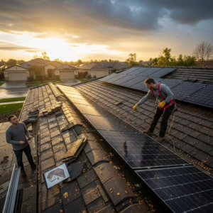 Storm-damaged roof repairs with solar panels, showing cracked shingles, panel inspection, and leak risk after hail
