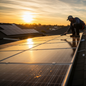 Solar repair technician inspecting rooftop panels for hail damage and post-storm performance issues after severe weather