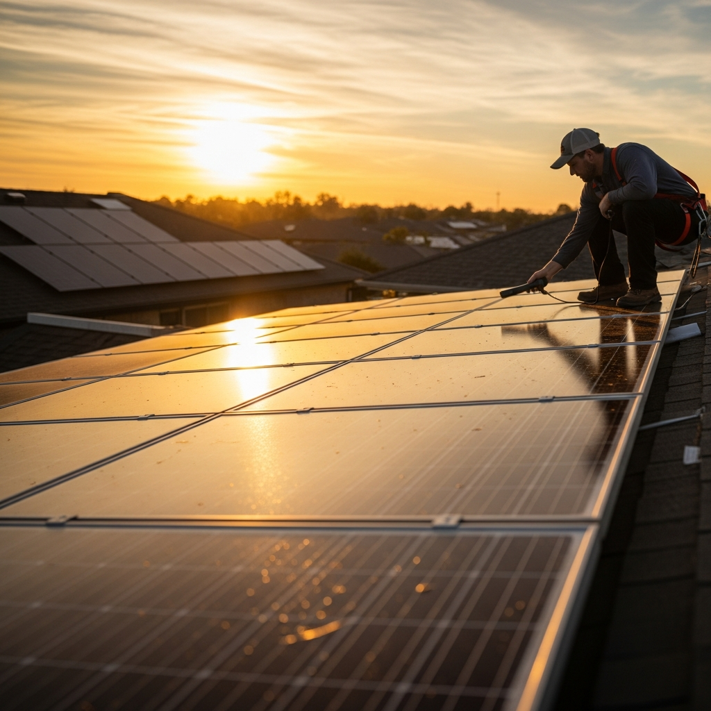 Solar repair technician inspecting rooftop panels for hail damage and post-storm performance issues after severe weather