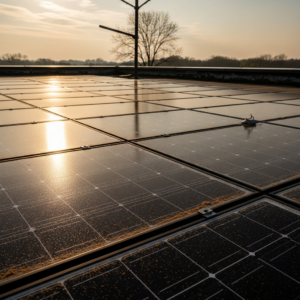 NJ solar power panels on a home roof in spring, showing pollen buildup and reduced output despite sunny conditions