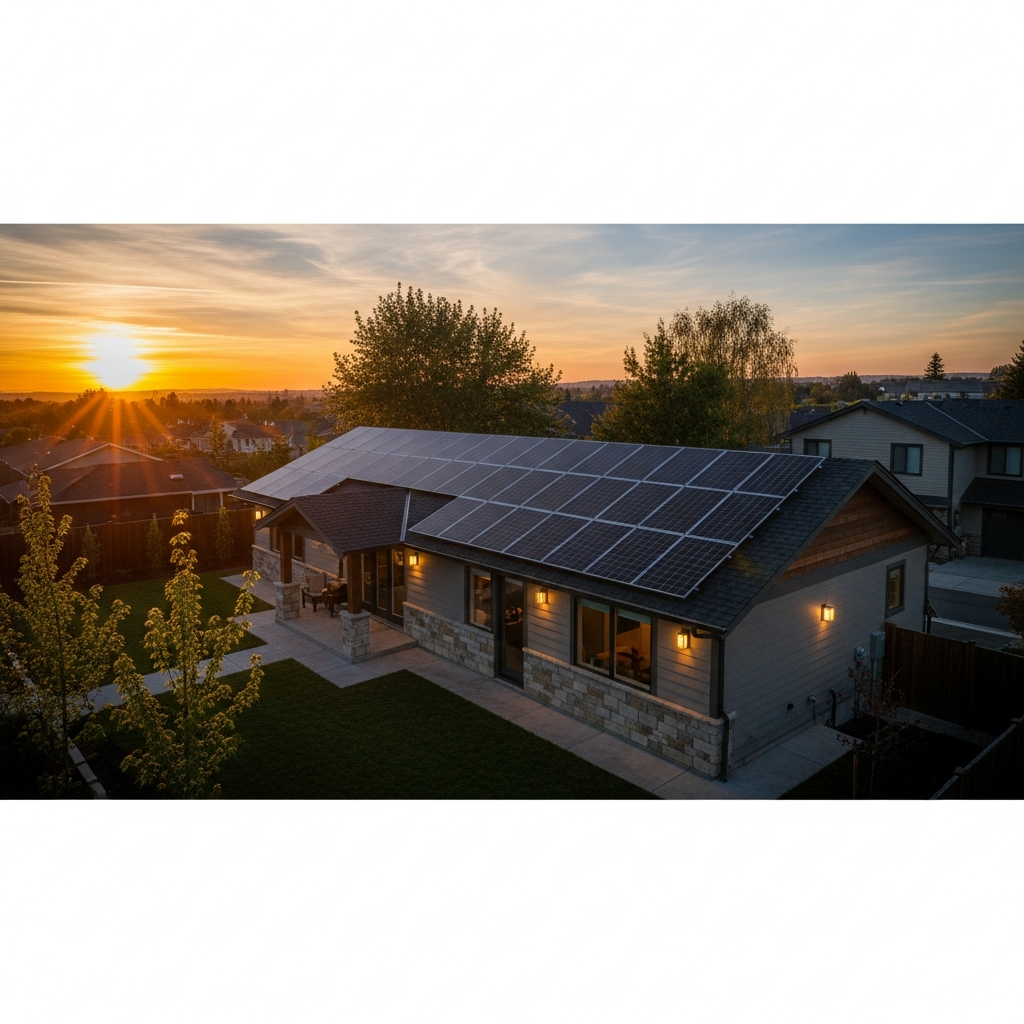 Rooftop solar array showing the number of solar panels needed for home energy use, storage planning, and backup power