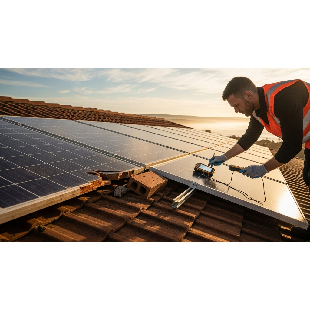 Technician inspecting rooftop array for Brick Solar Panel Repair, checking panels, wiring, and inverter performance