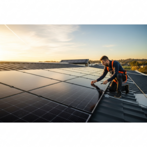 Technician on a suburban roof inspects solar panels for damage, focusing on solar power repair after storms and heat waves
