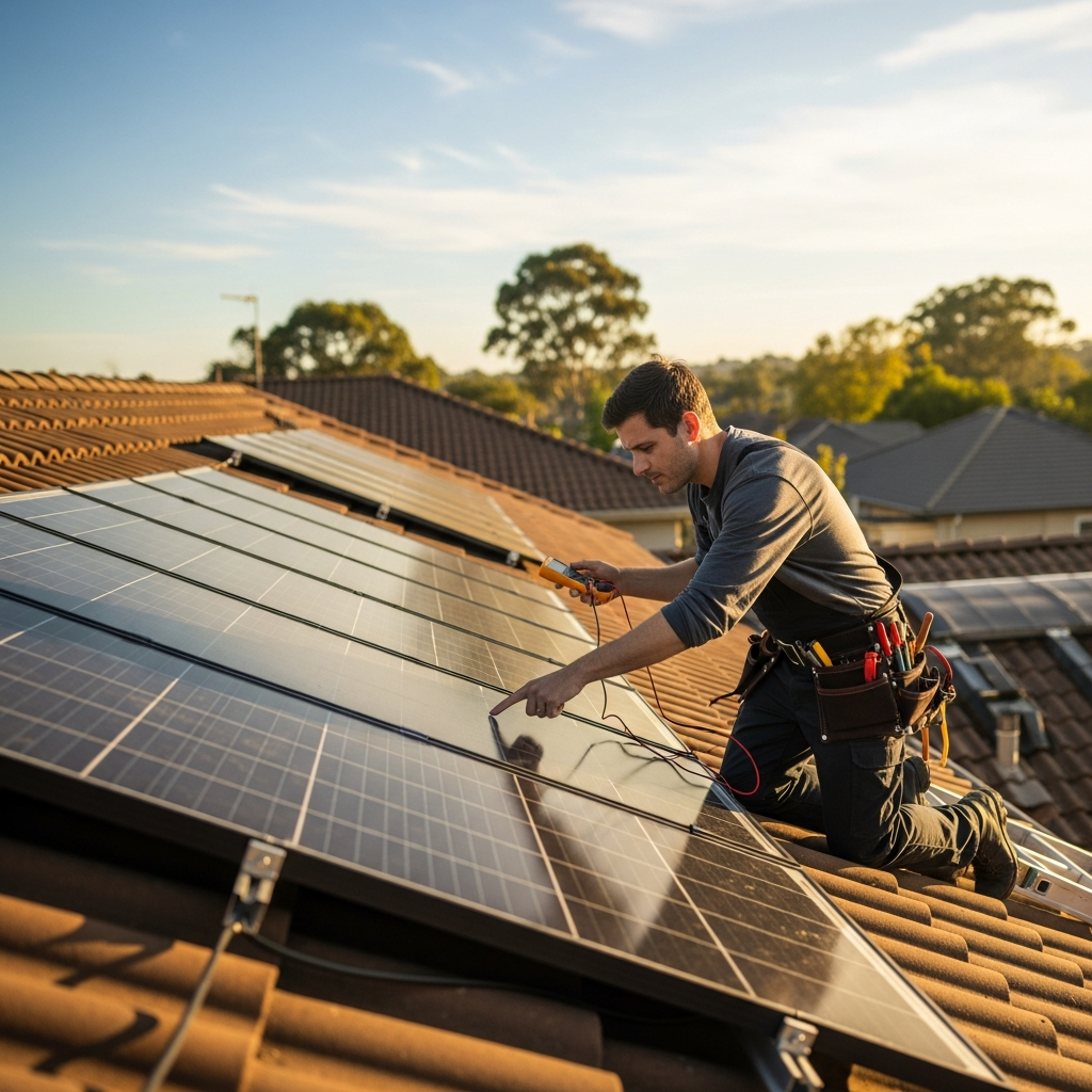Technician inspecting rooftop panels during Toms River Solar Repair visit, checking inverter performance and system output